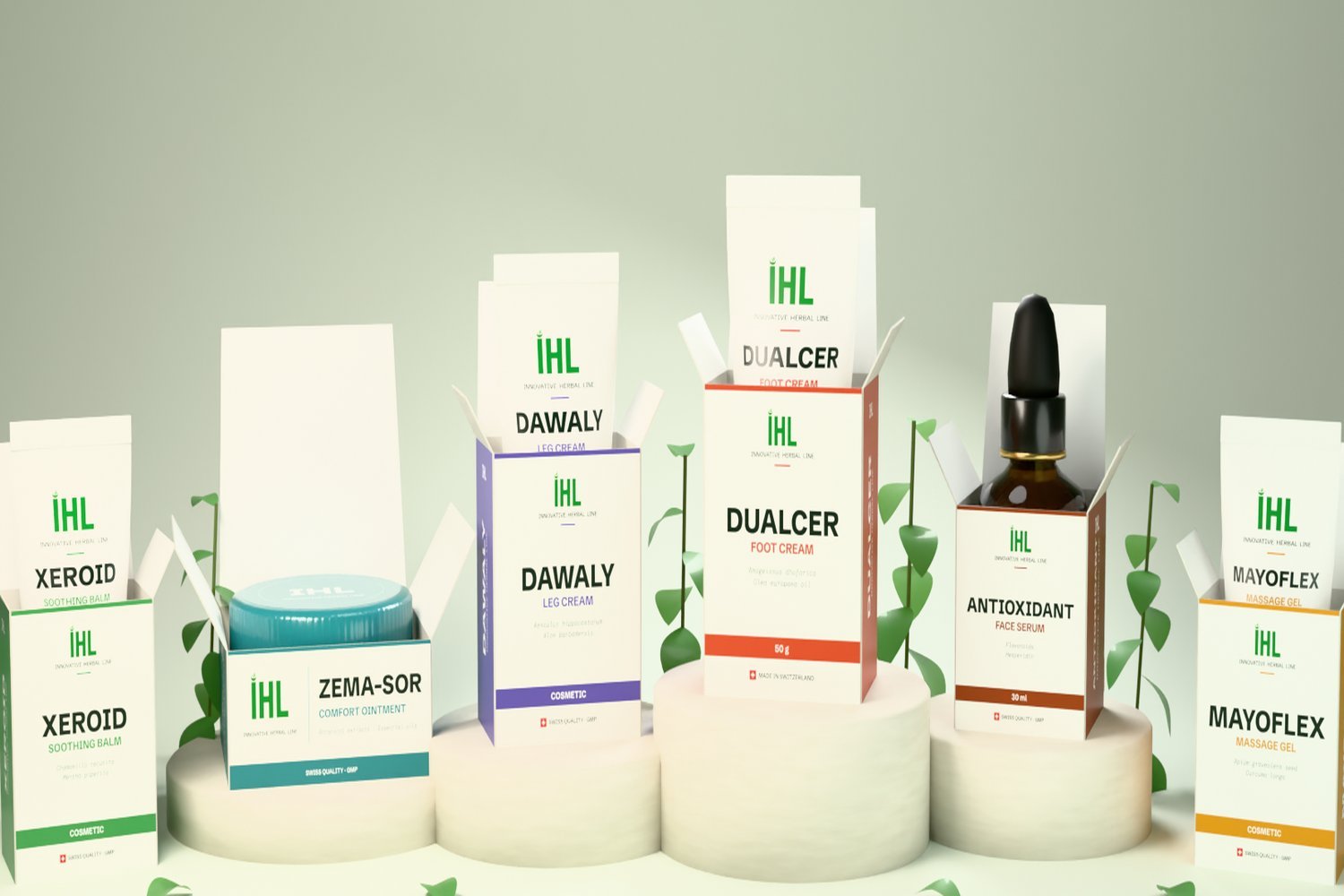 The IHL range, each product in its retail carton, on travertine pedestals with fresh herbs